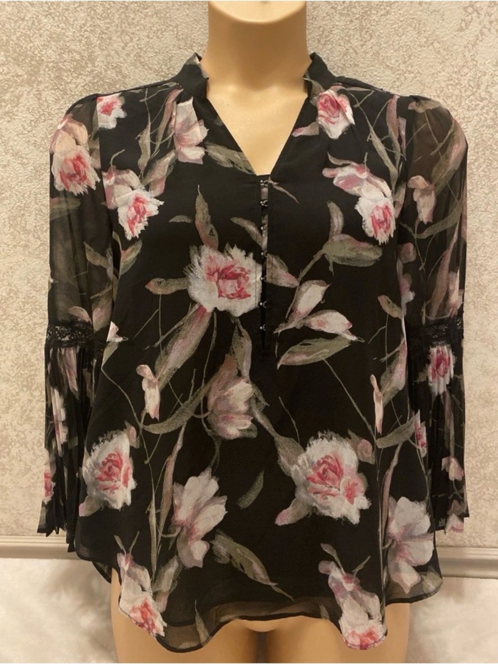 White House Black Market Black Sheer Floral Blouse with Pink Flowers
